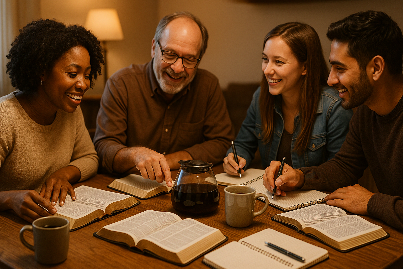 Bible study around a table with coffee and people talking